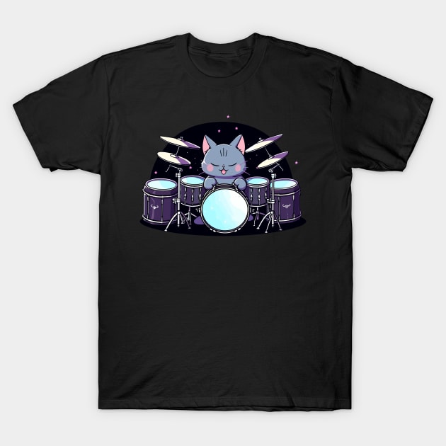 Retro 90s Cat Playing Drums Gifts Drummer Concert Drums T-Shirt by KsuAnn